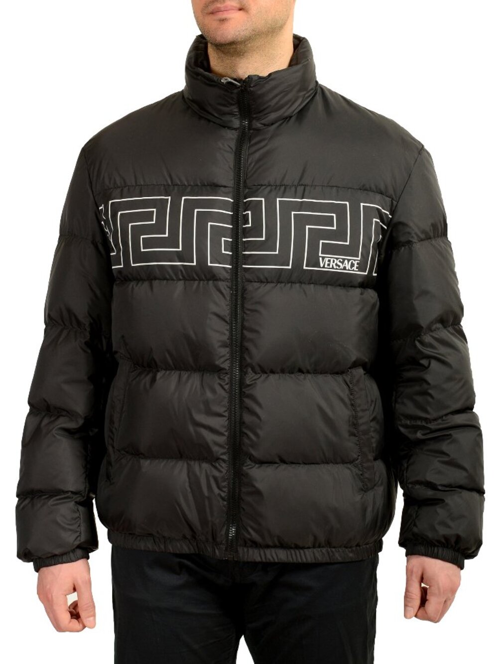 Versace Men's Black Greeca Print Full Zip Down Parka Jacket US XL IT 54